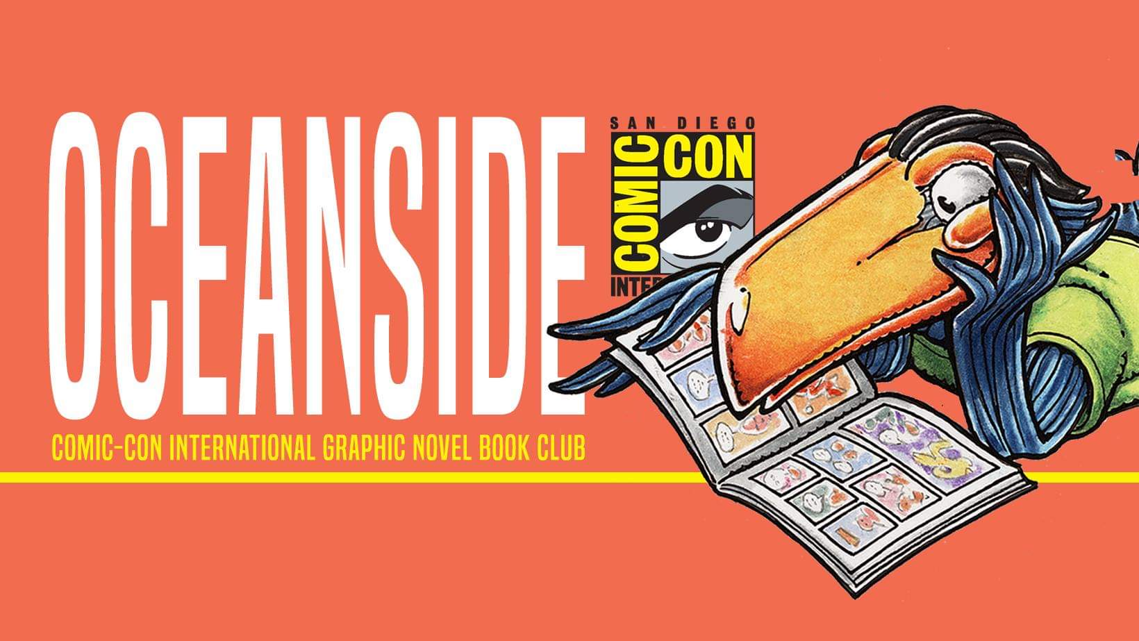 Orange background with the San Diego Comic-Con logo and toucan mascot