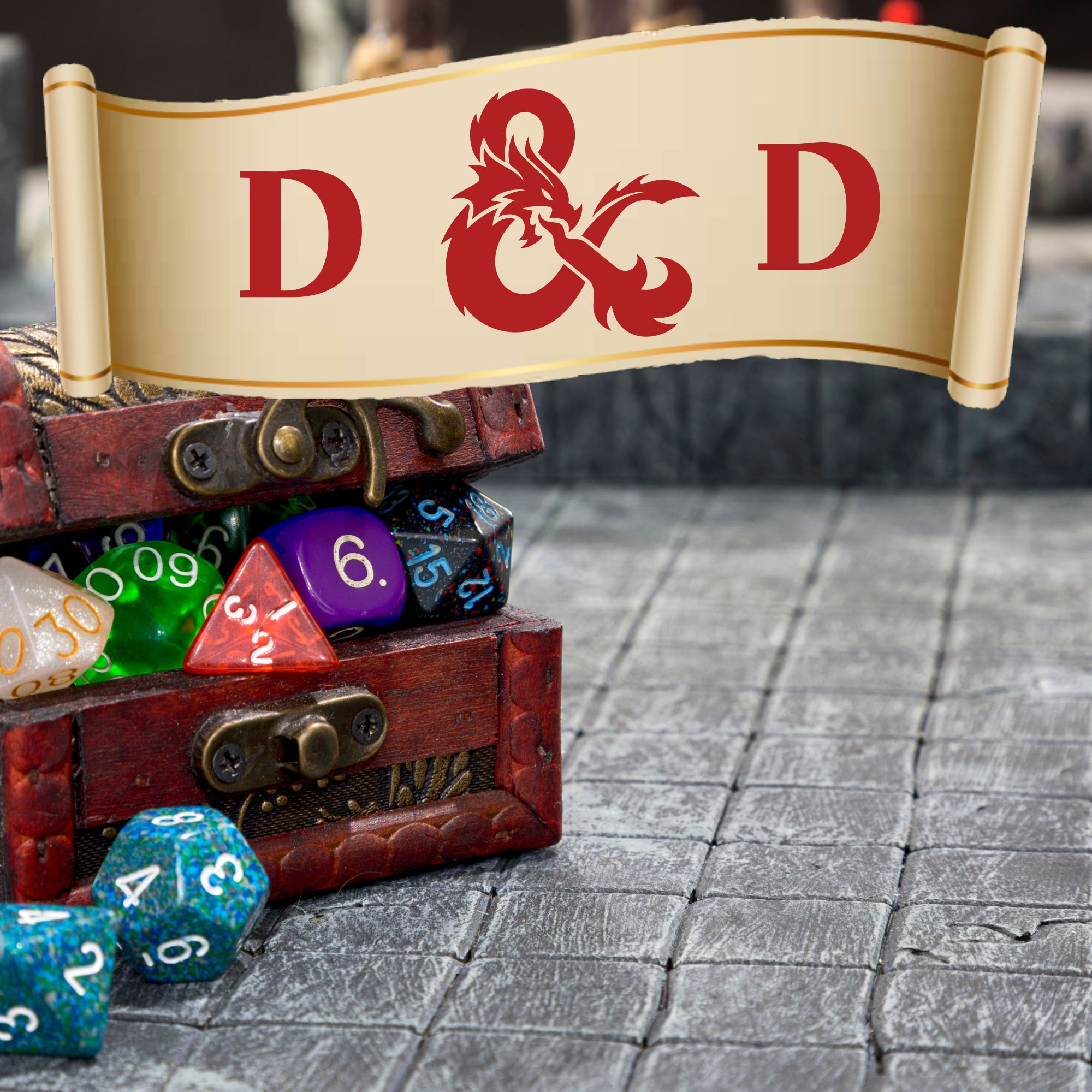 a brick background with various size dice and a sign that reads D and D
