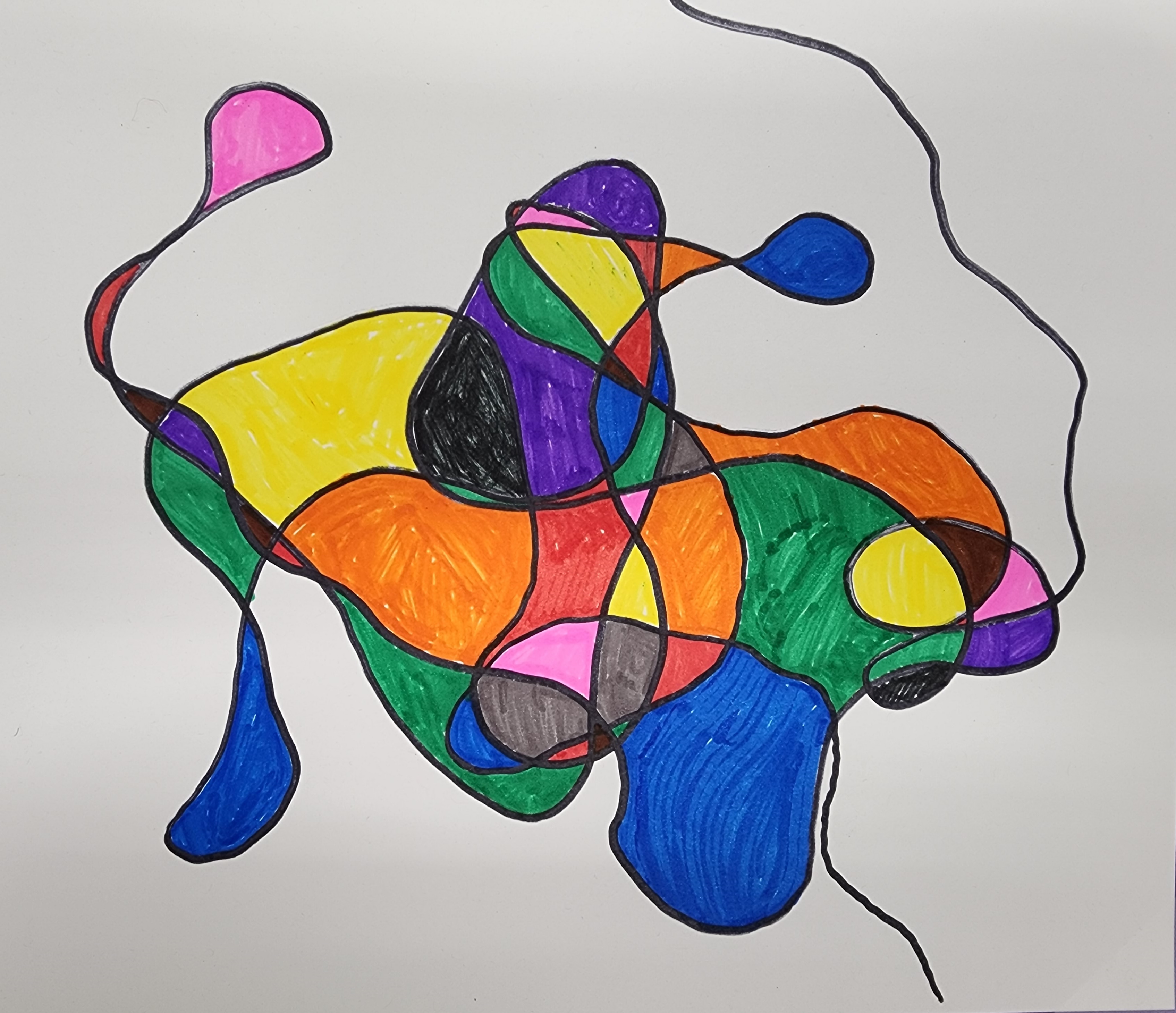 Neurographic Drawing - black line abstract with regions colored-in in crayola markers