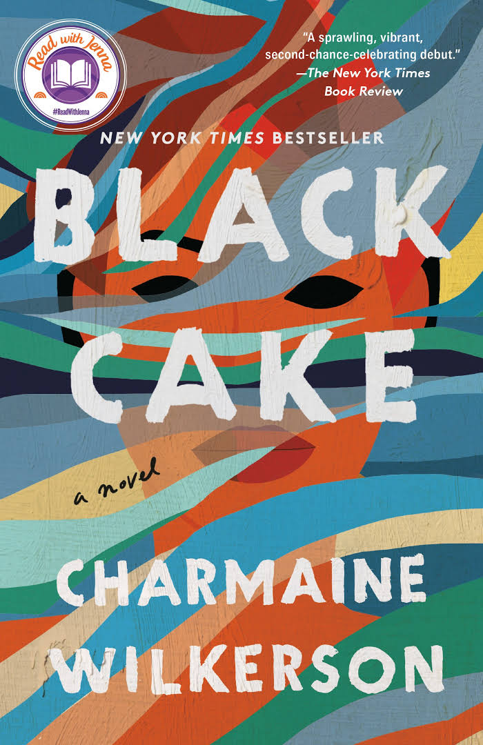 book cover for black cake, colorful wisps surrounding a portrait of a dark-skinned female with pitch-black eyes
