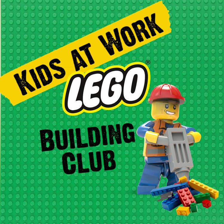 LEGO figurine standing on LEGO board with banner 'Kids at Work LEGO Building Club'