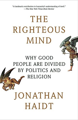 The Righteous Mind book cover, white with depictions of a devil and an angel.