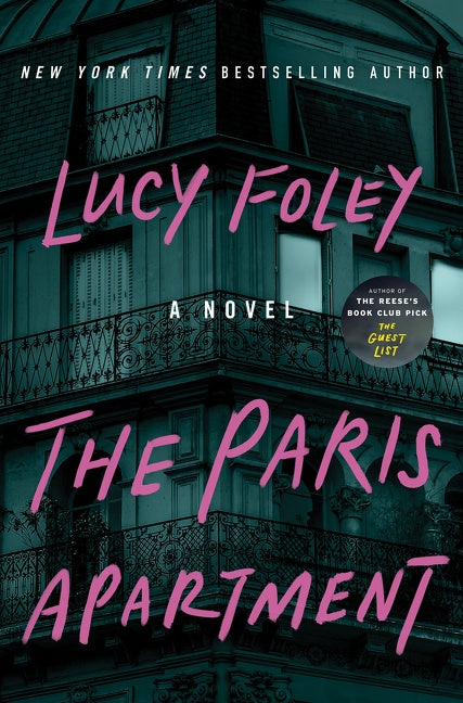 The title, The Paris Apartment, is displayed prominently in pink in front of a dark very grey and sinister corner apartment