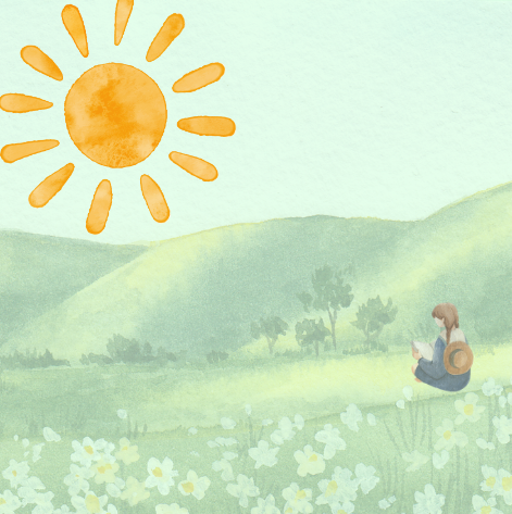 Digital painting of a person reading a book in a meadow with the sun overhead in a clear sky