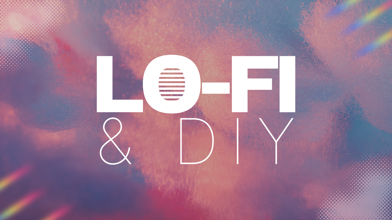 lo-fi & diy text over a pastel blue and pink cloud background