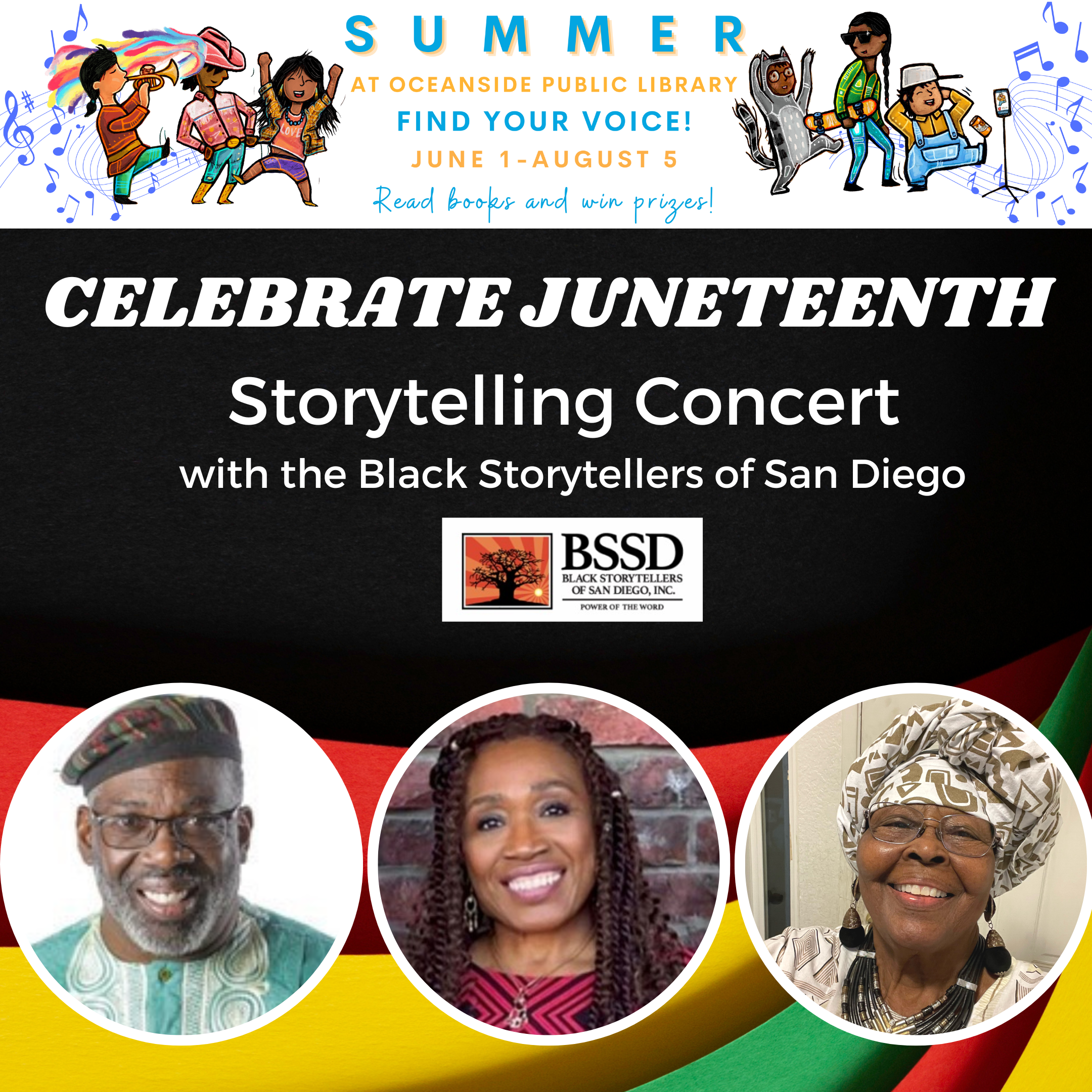 celebrate Juneteenth with the black storytellers of San Diego, Find Your Voice Summer at the Library portraits of three storytellers