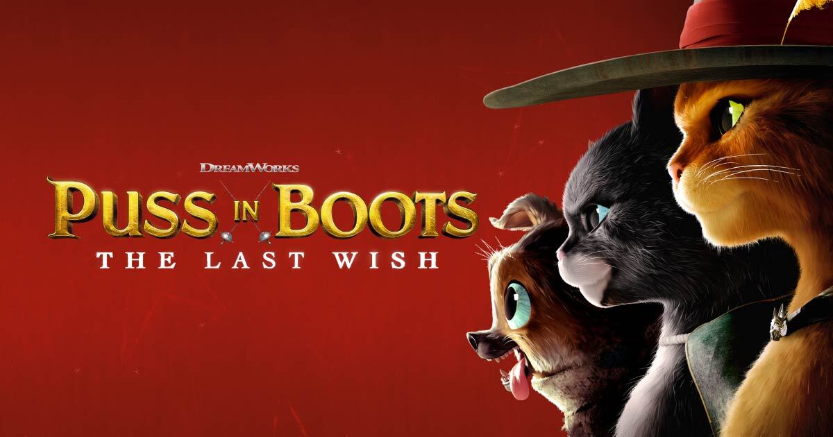 three animals from puss in boots franchise on the right with movie title on the left