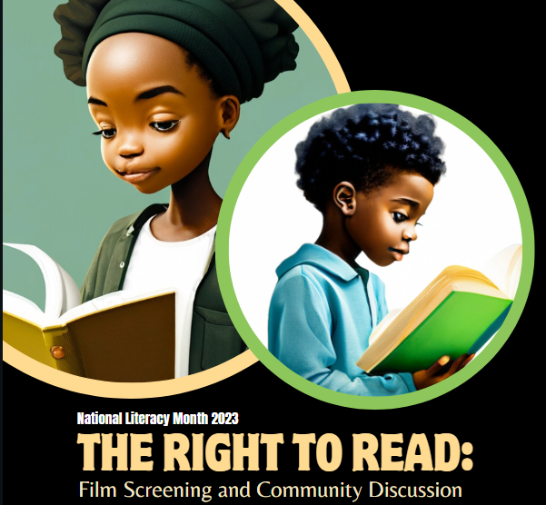 two circles with Black children reading with text The Right to Read 