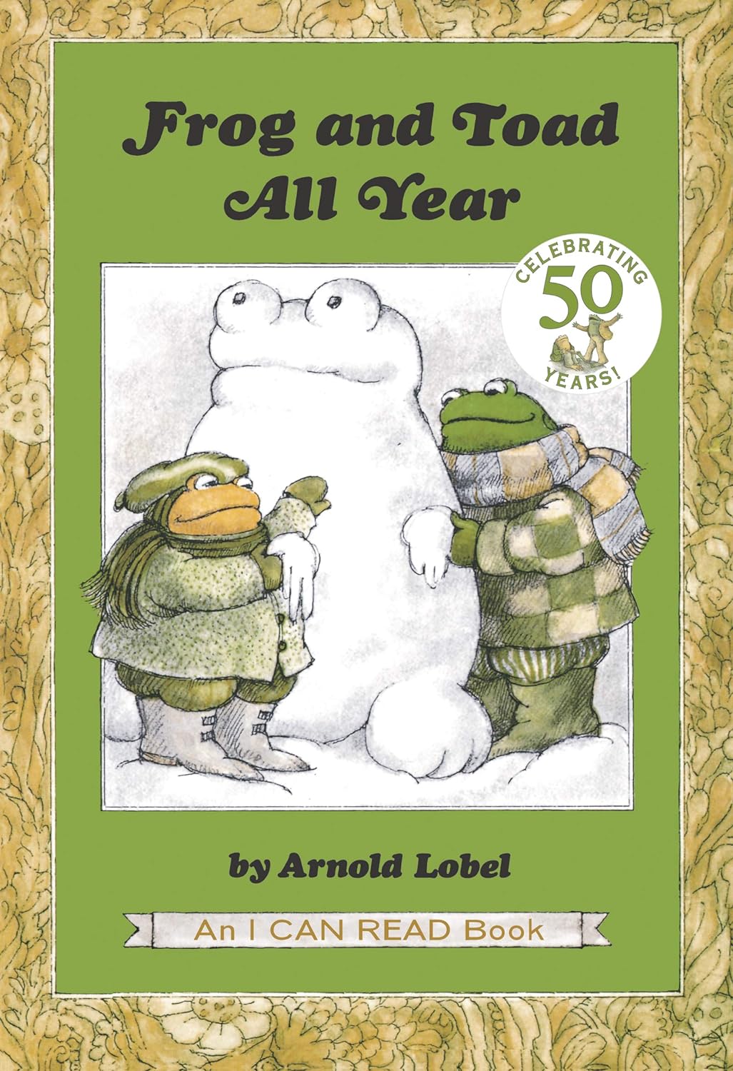 Main characters, a Frog and a Toad, standing with a snowman frog between them