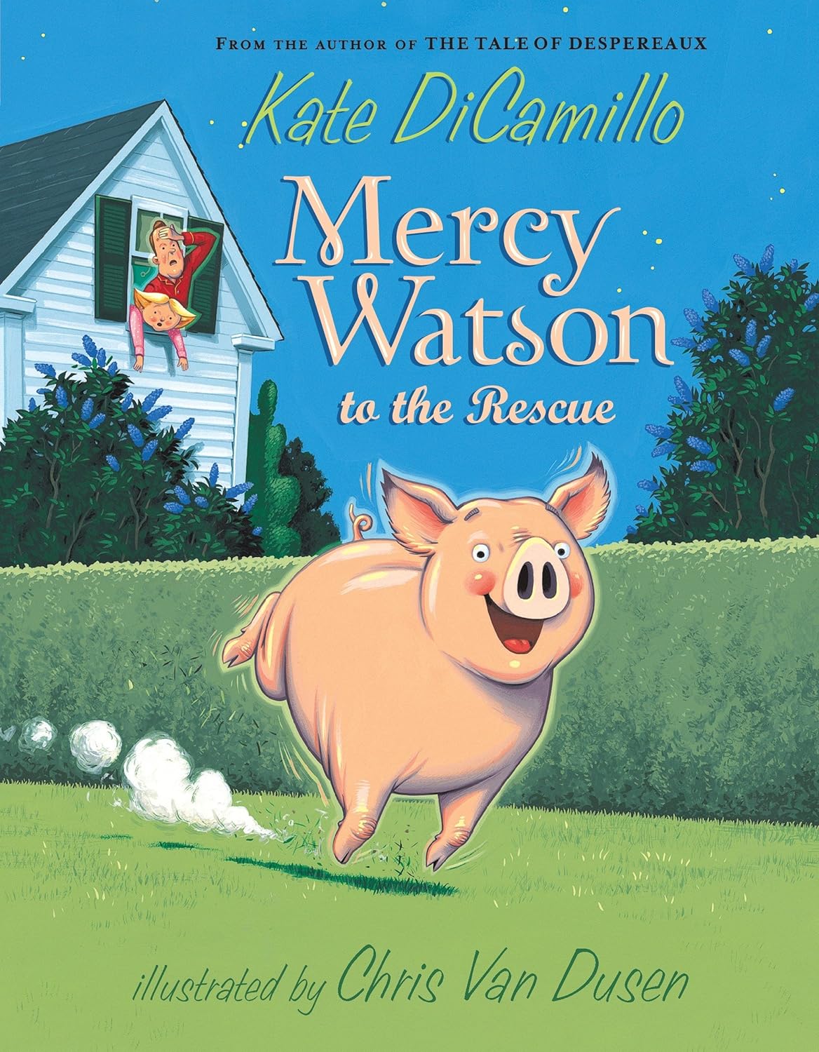 cartoon pig running in field with house in background