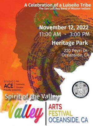 flyer, shadow of face with native basketry print overlayed text reads valley arts fest, spirit of the valley november 12 11 - 3 heritage park