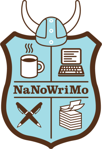 NaNoWriMo Sheld with coffee, laptop, pens and stack of paper