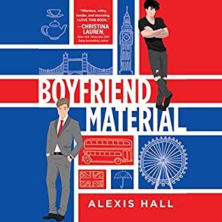 book cover for boyfriend material, red and blue block background with drawing of two white men one in suit and one is ripped jeans black tee. 