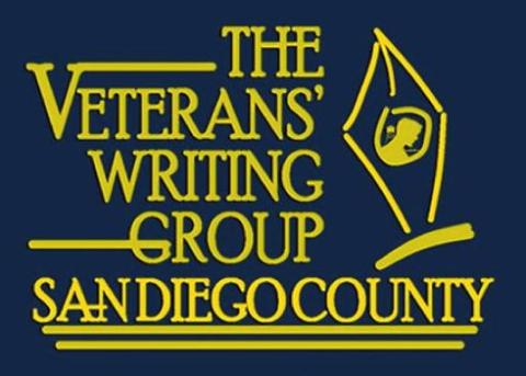 dark blue background with yellow lettering and logo of The Veterans Writing Group of San Diego County