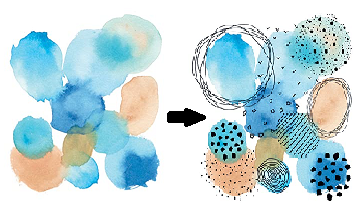 an image showing lines being added to colored pages to turn them into abstract art