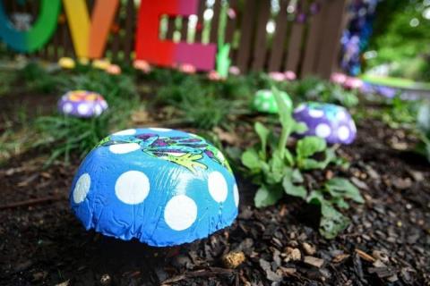 Image of a painted rock in a Kindness rock garden. 