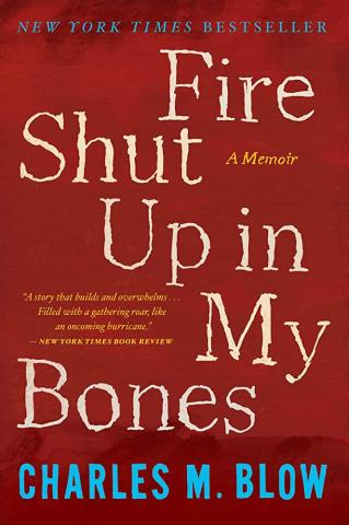 A red background with text in blue, white, and yellow. The title is white: Fire Shut Up in My Bones, and starts in the upper right corner and ends towards the lower left corner.