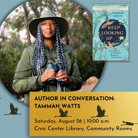 author with braids and binoculars insert of text  