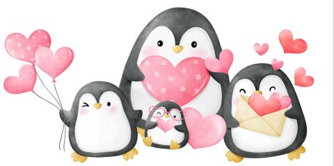 Penguin family cartoon with pink heart shapes