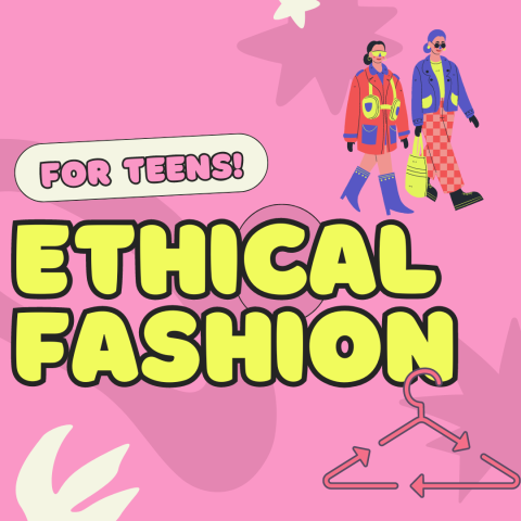 yellow text reading Ethical Fashion on a pink background
