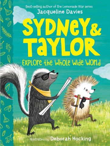 Skunk and Hedgehog cartoon walking under book title