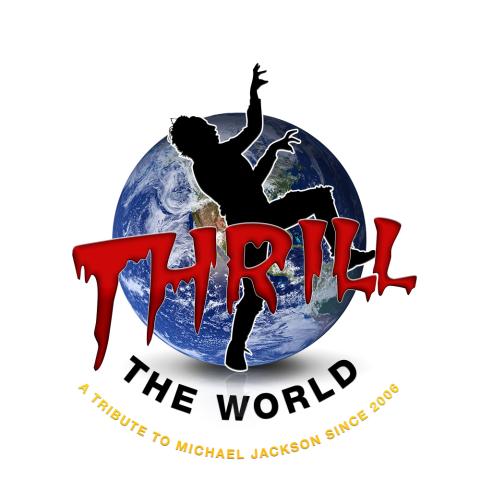 Silhouette of person dancing in front of an image of Earth with the text "Thrill the World" 