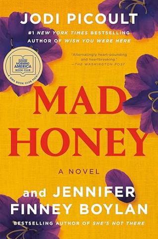 purple flowers against a vivid gold background, mad honey is written in red