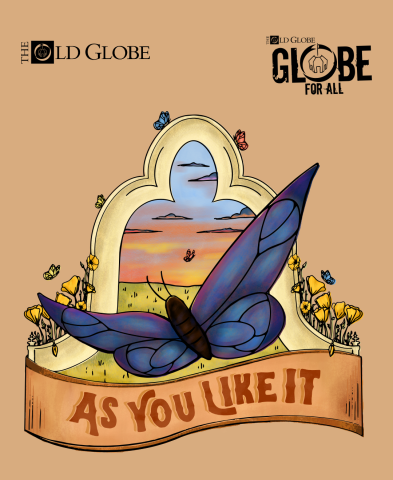 Image of a blue butterfly in front of an arched window that looks out to a green landscape, and a banner below it with the words "As You like It"