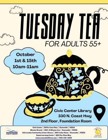 Flyer for Tuesday Tea with tea pot and tea cup