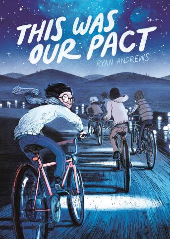 Picture of boys riding bikes in the night in a comic style.