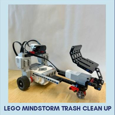 assembled LEGO motorized blocks with scoop to collect trash