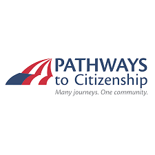 Pathways to Citizenship logo in blue with United States flag in blue and red.