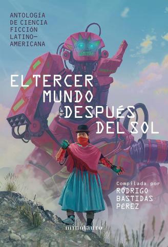 peruvian lady with traditional clothes in the forefront and a mech robot in the background