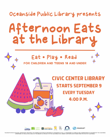 A flyer with orange text that promotes Afternoon Eats at the Library at the Civic Center Library every Tuesdays at 4pm. 