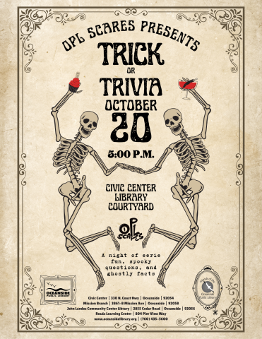 two skeletons dancing with red drinks in their hands with program name Trick or Trivia