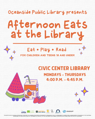 A flyer with orange text that promotes Afternoon Eats at the Library at the Civic Center Library Monday through Thursday at 4pm. 
