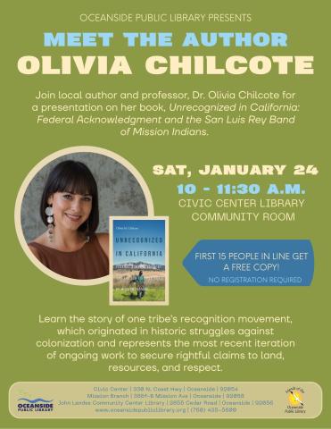 Green event flyer featuring image of Olivia Chilcote and the cover of her book, Unrecognized in California. 