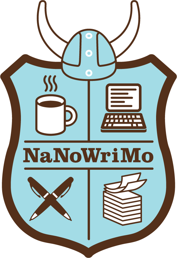 NaNoWriMo Sheld with coffee, laptop, pens and stack of paper