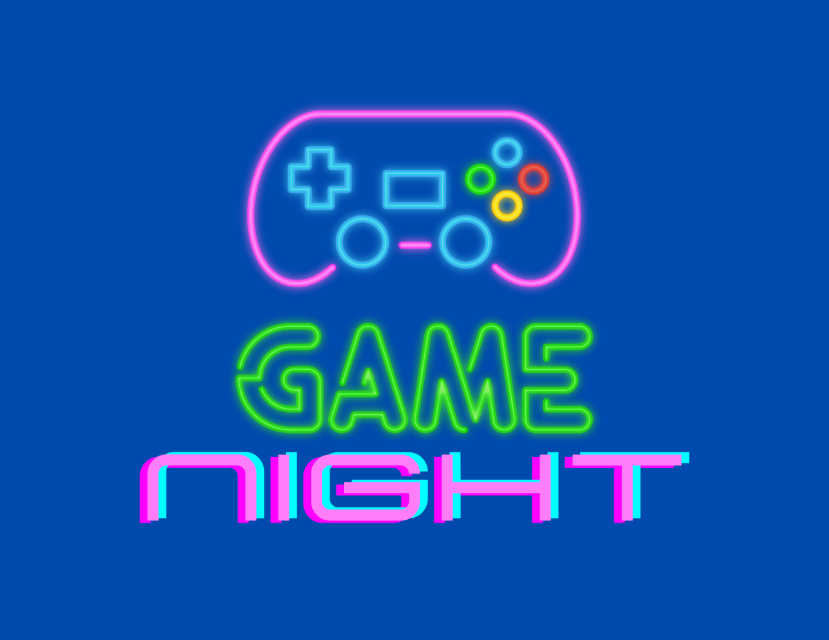 video game console with the words "game night" in neon lettering