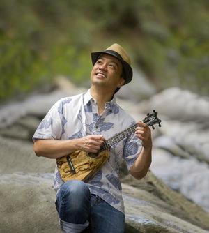 Daniel Ho with Ukulele at waterfall