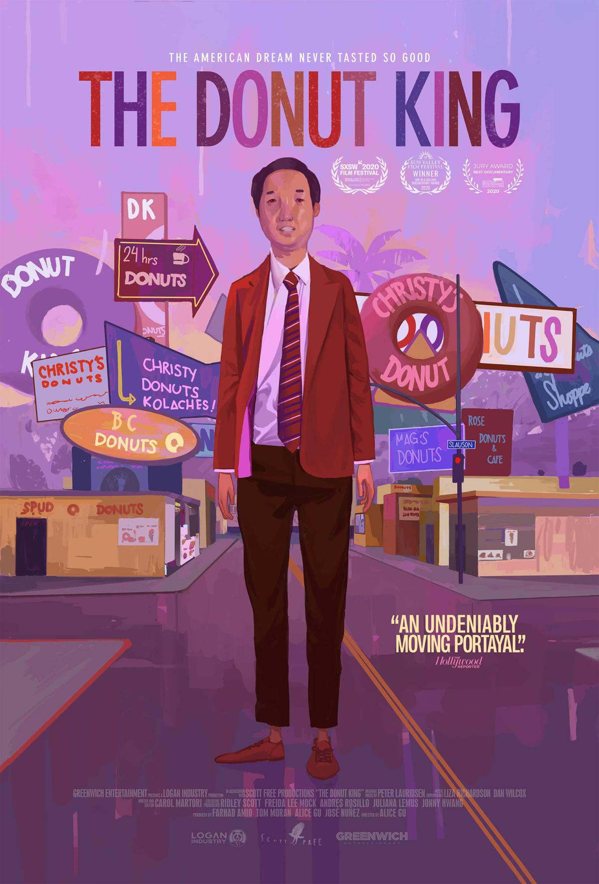 movie poster, an asian male infront of various donut shops