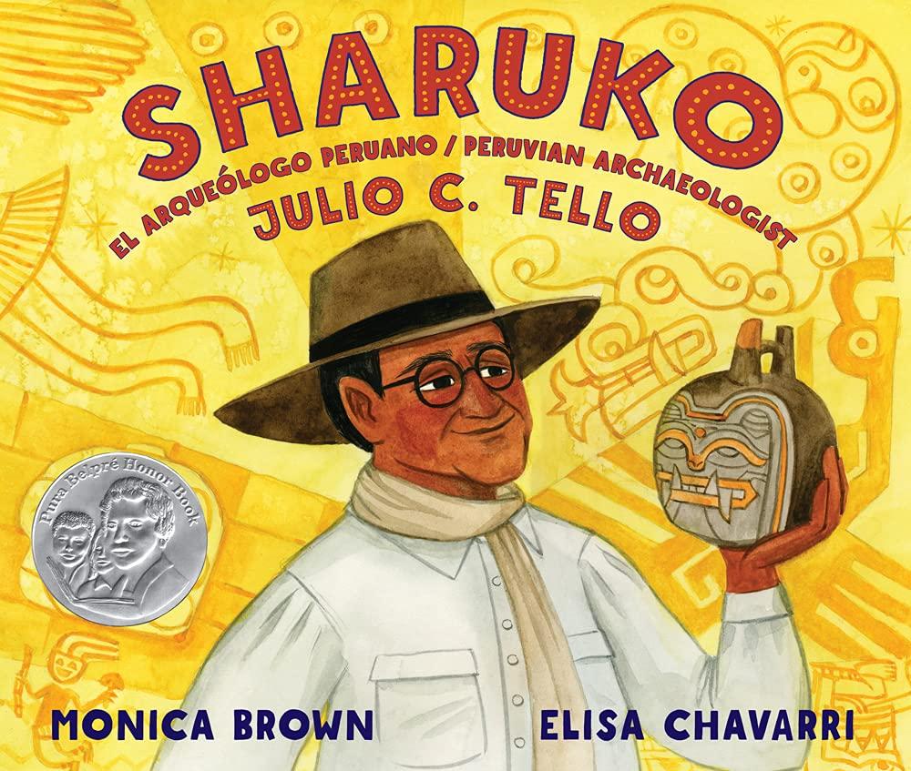 Name of book, Sharuko, with cartoon of Peruvian archaeologist and national icon Julio C. Tello