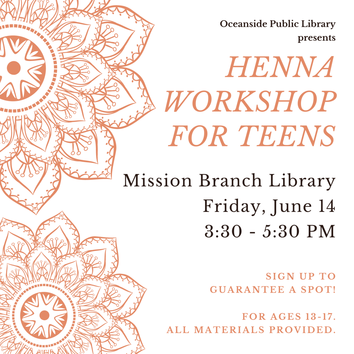 text over off-white background reading Henna workshop for teens, with further details about location, time, and date