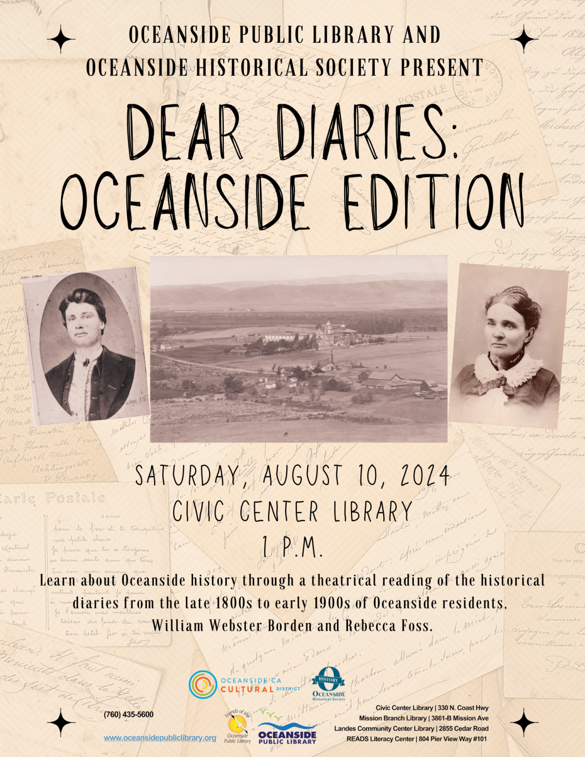 Dear Diaries: Oceanside Edition Flyer with photos of William Webster Borden and Rebecca Foss