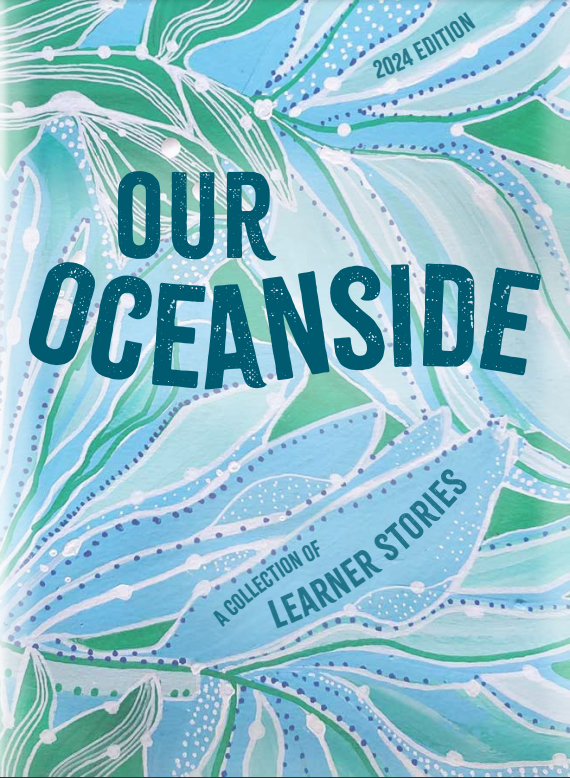 book cover with green and blue plant imagery titled "Our Oceanside"