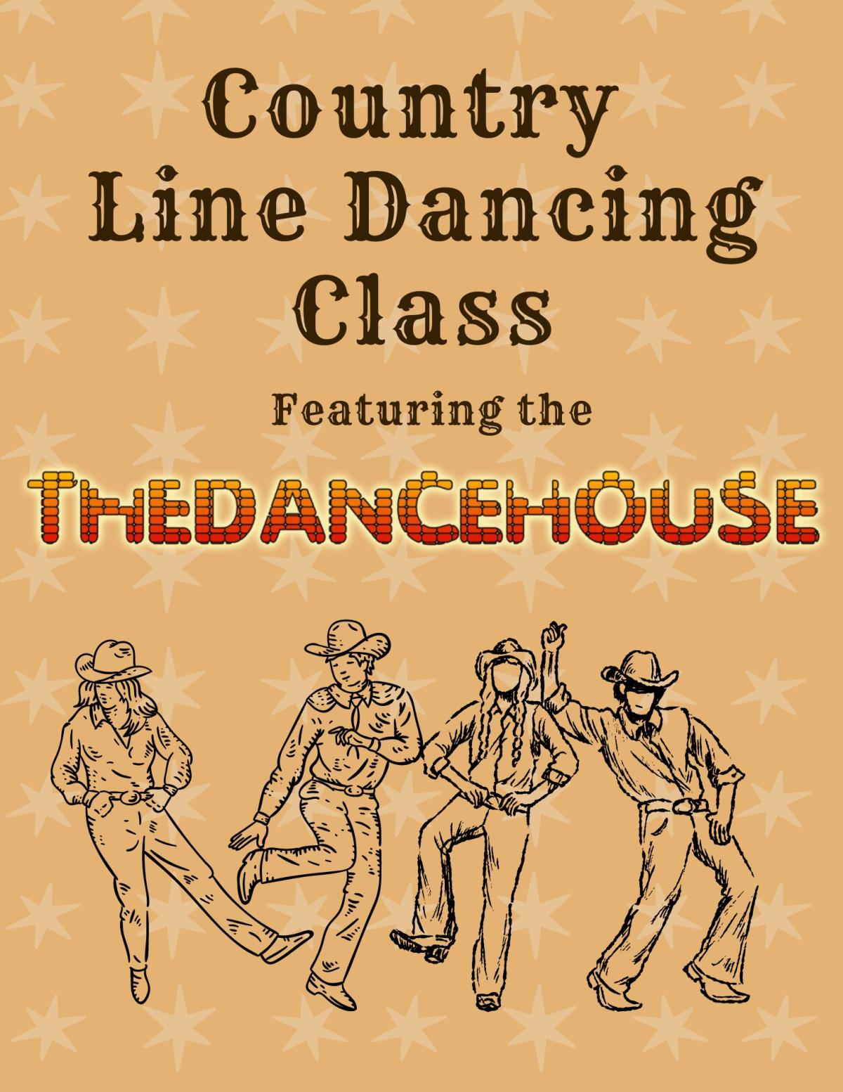 Flyer for Country Line Dancing Class featuring the DanceHouse with four western dancing figures.