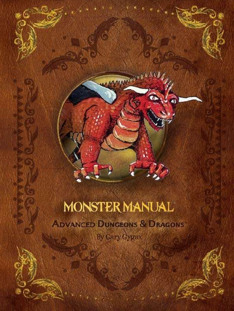 red dragon emerging from a book cover, labeled as monster manual