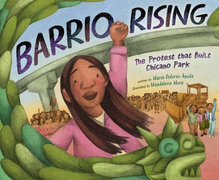 Young Latina girl with a raised fist protesting under a bridge 