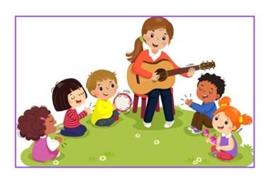 children sitting around a woman playing guitar