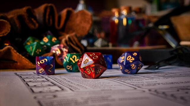 Multi-colored dice on a game board